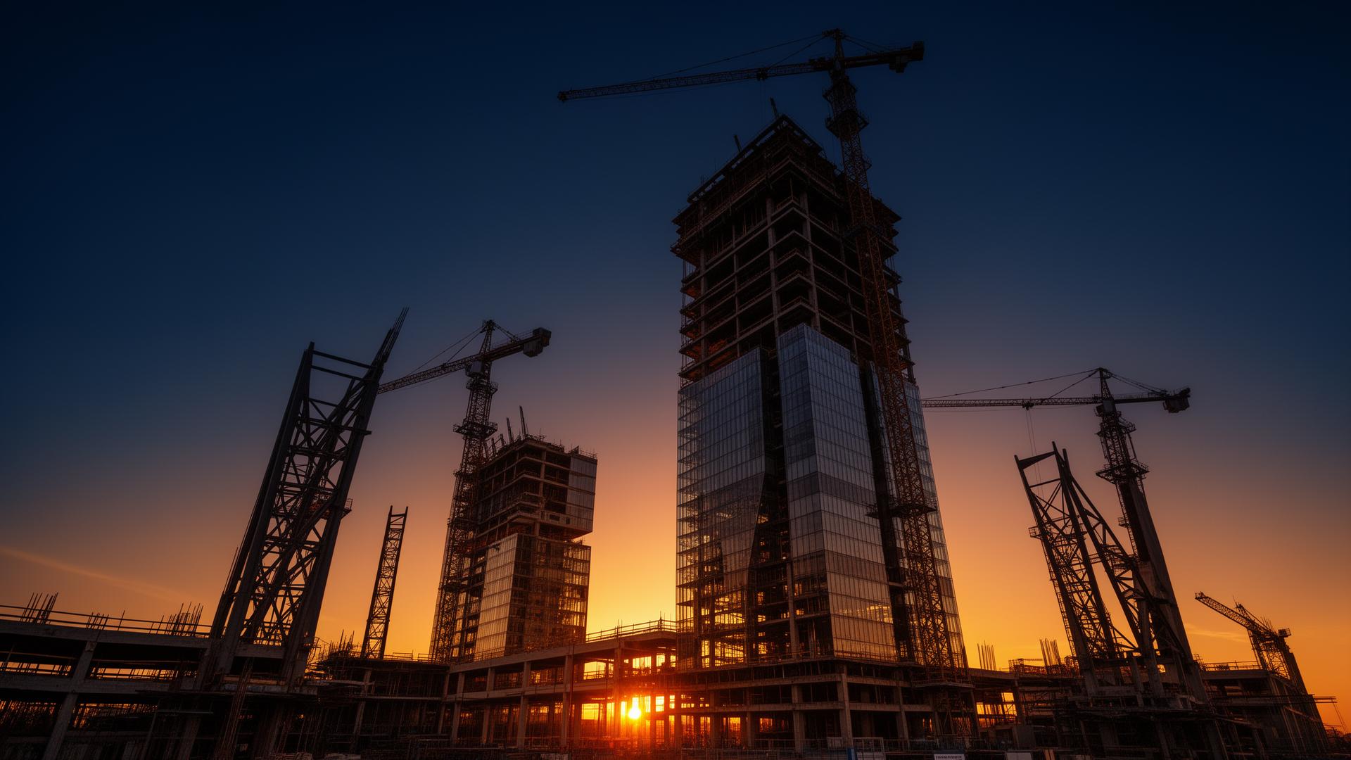 Modern construction site at sunset
